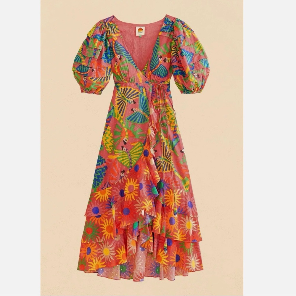 NWT - FARM Rio Coral Mixed Graphic Macaws Puff Sleeve Midi Dress / Size S